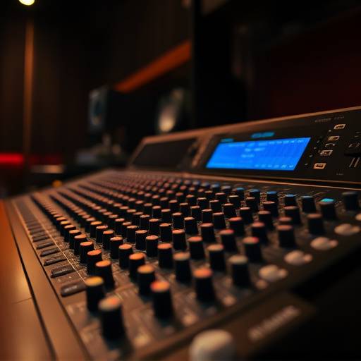 A detailed close-up of a mixing console at Aurora Sound Studios, highlighting the intricate controls and professional equipment.