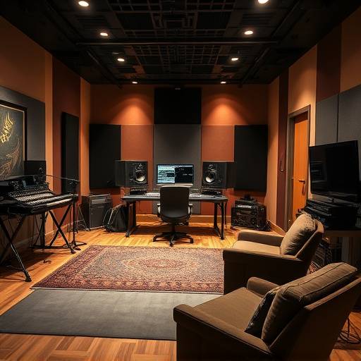 A fully equipped post-production suite at Aurora Sound Studios, highlighting editing equipment and comfortable seating.