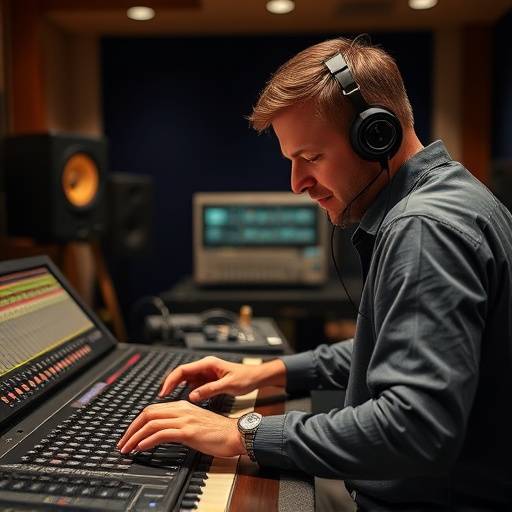 A mastering engineer meticulously working on audio at Aurora Sound Studios, focusing on the final sonic details.
