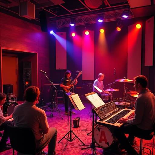A vibrant recording session in progress at Aurora Sound Studios, showcasing musicians and engineers collaborating.
