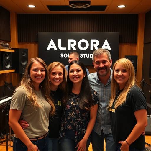 Group photo of the Aurora Sound Studios team smiling and standing in the main recording studio.
